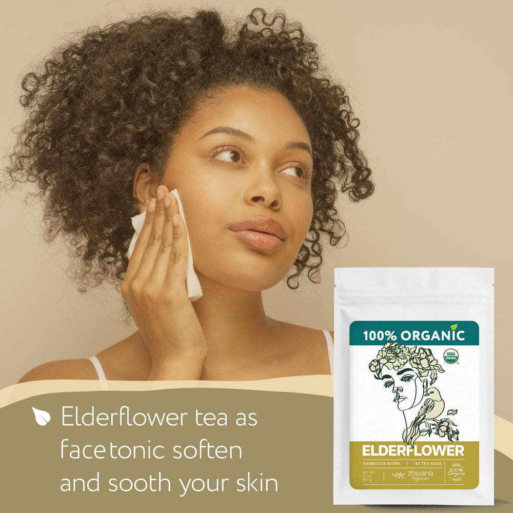 Zhivana Organics elderflower tea packaging that is easy to store.