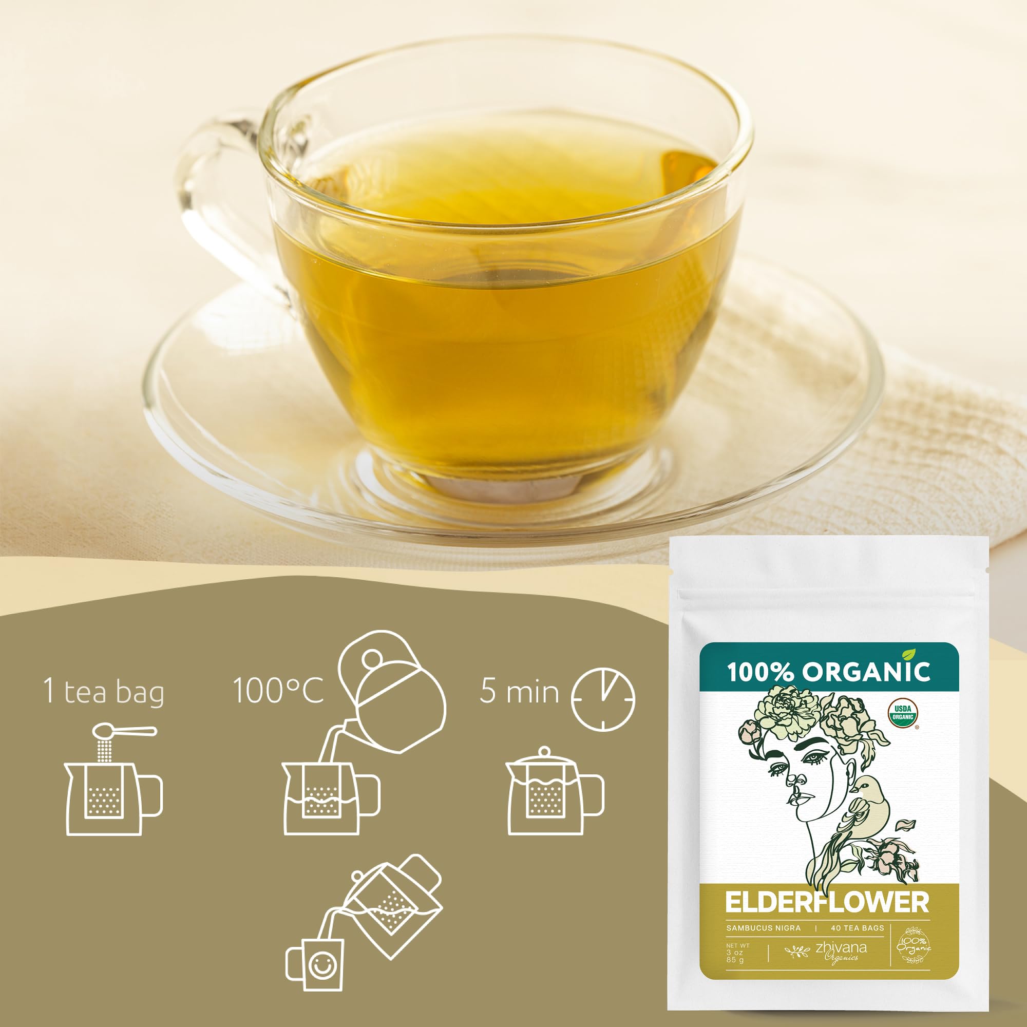 Zhivana Organics elderflower tea serving for a seasonal ritual and warmth.