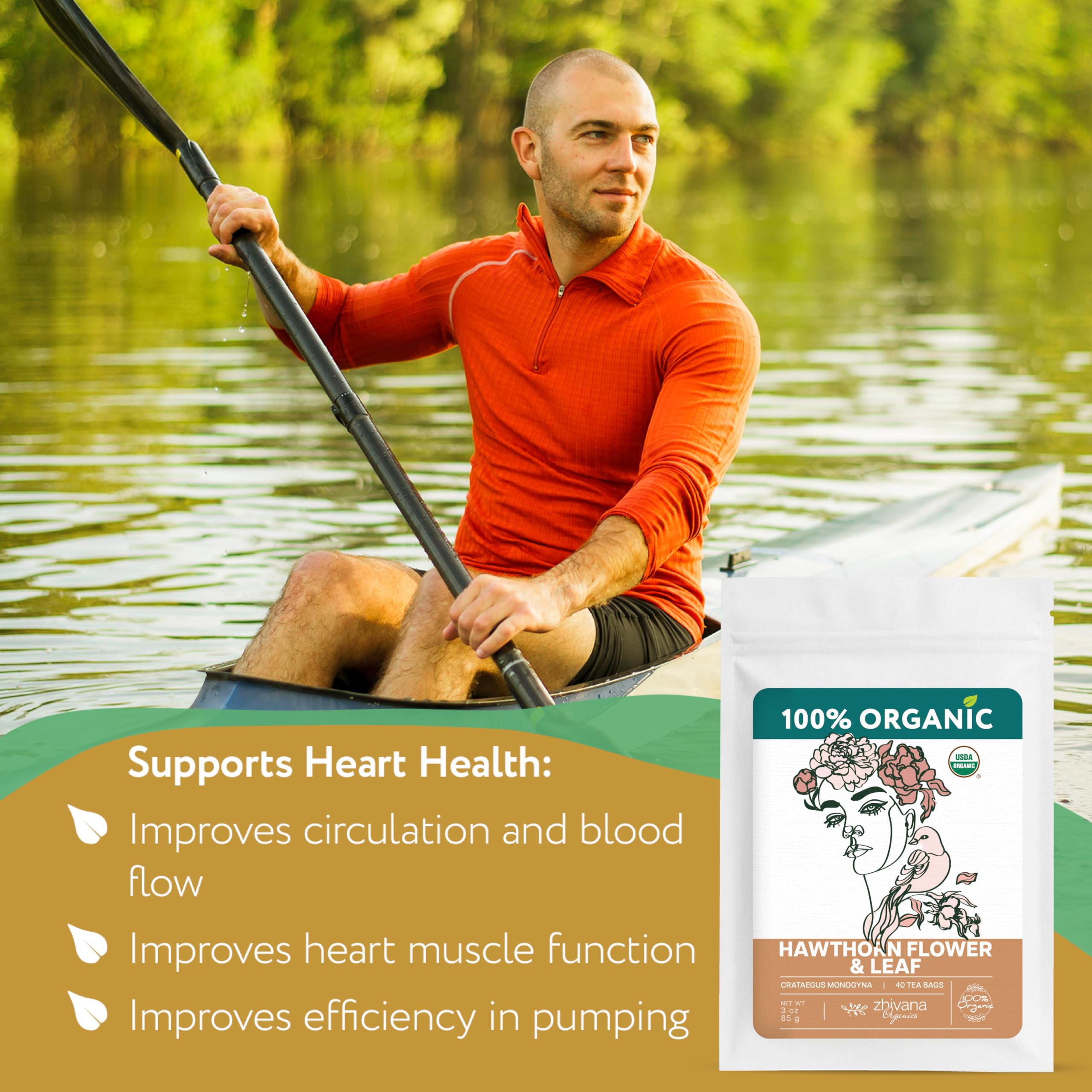 Zhivana Organics Hawthorn tea bags steeping in a cup with calming aroma.