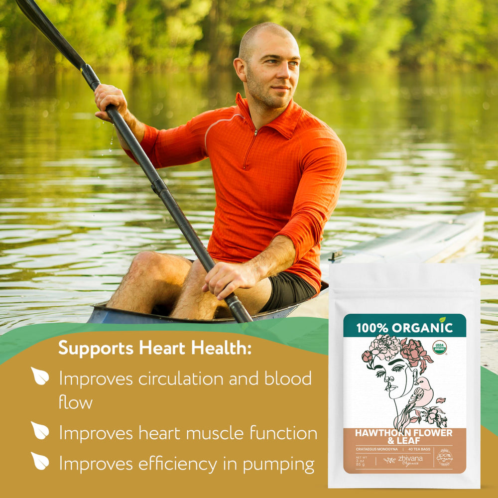 Zhivana Organics Hawthorn tea bags steeping in a cup with calming aroma.