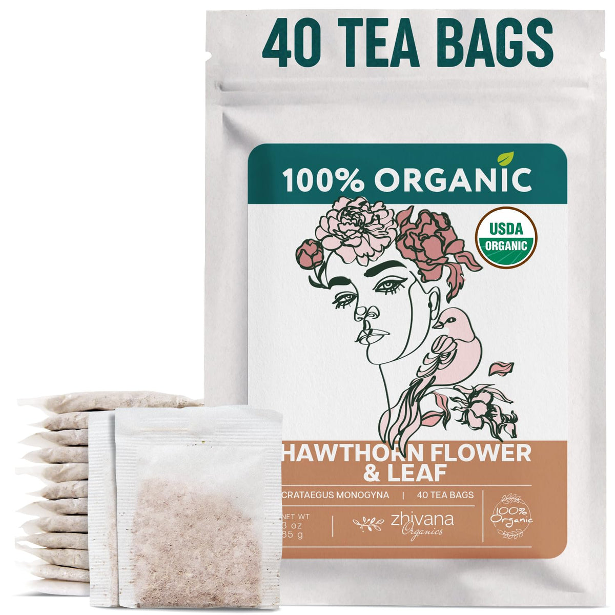 Zhivana Organics Hawthorn Tea box with 40 bags, ideal for a calming routine.