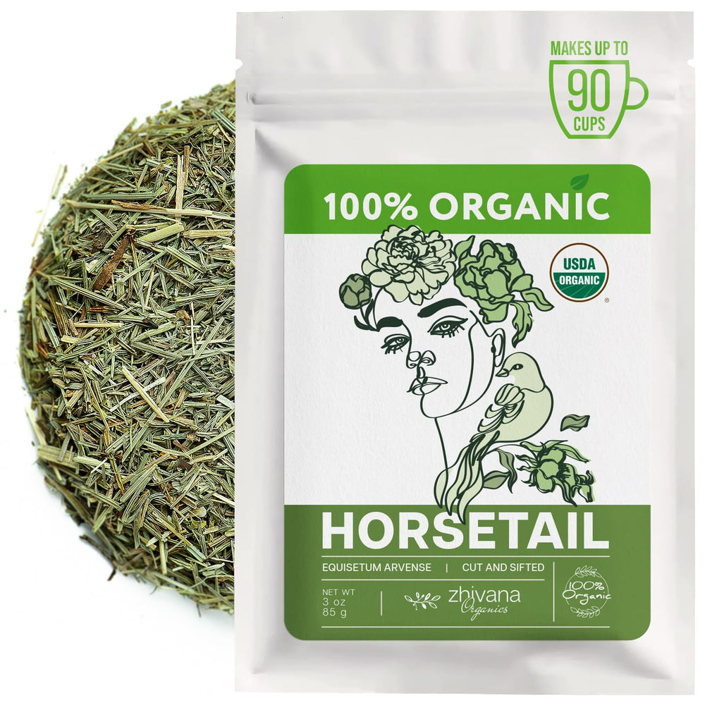 Zhivana Organics Horsetail Tea packaging, eco-friendly and sustainable.
