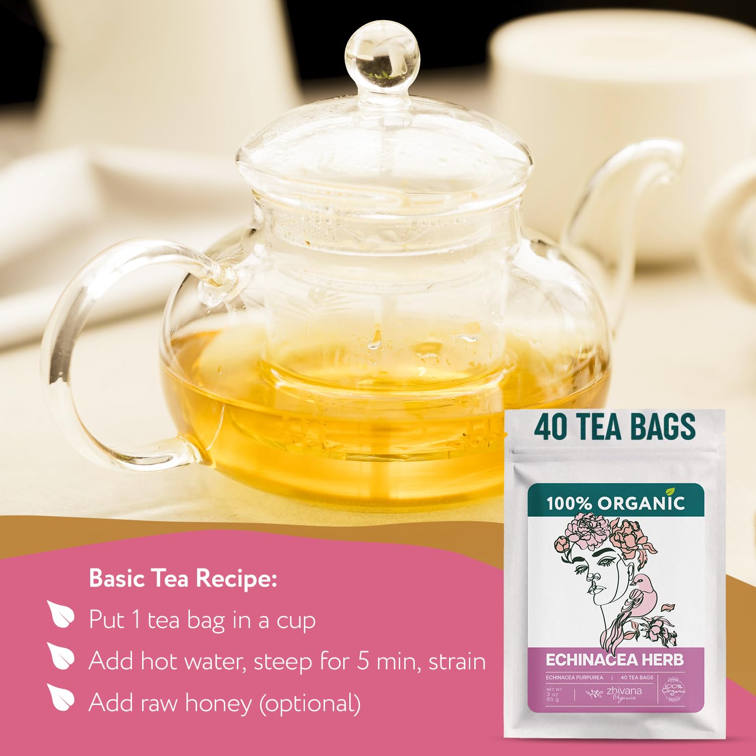 Zhivana Organics herbal tea in a cup suggests an immune-friendly ritual.