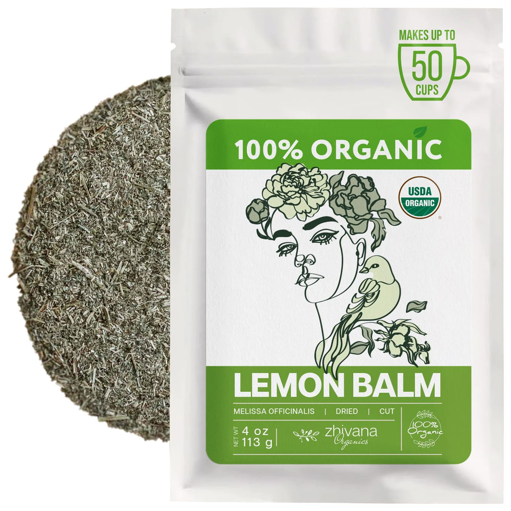 Zhivana Organics Lemon Balm Tea loose leaf close-up for a soothing evening ritual.