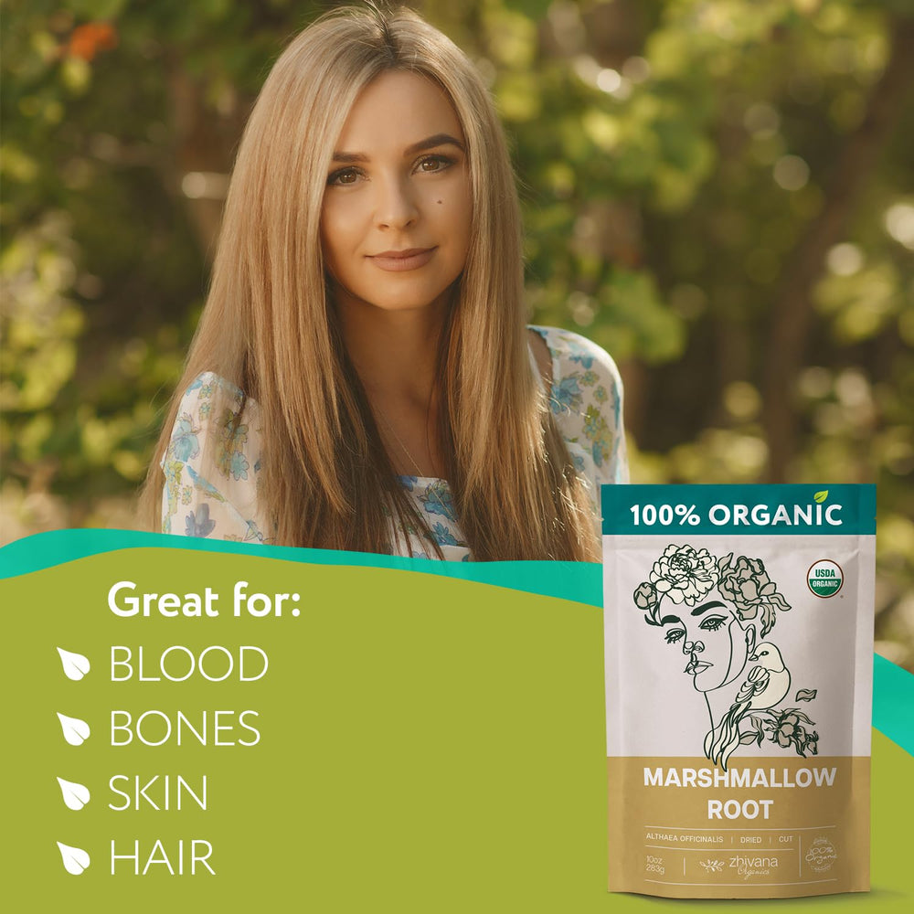 Zhivana Organics marshmallow root tea bag closeup shows simple, natural ingredients