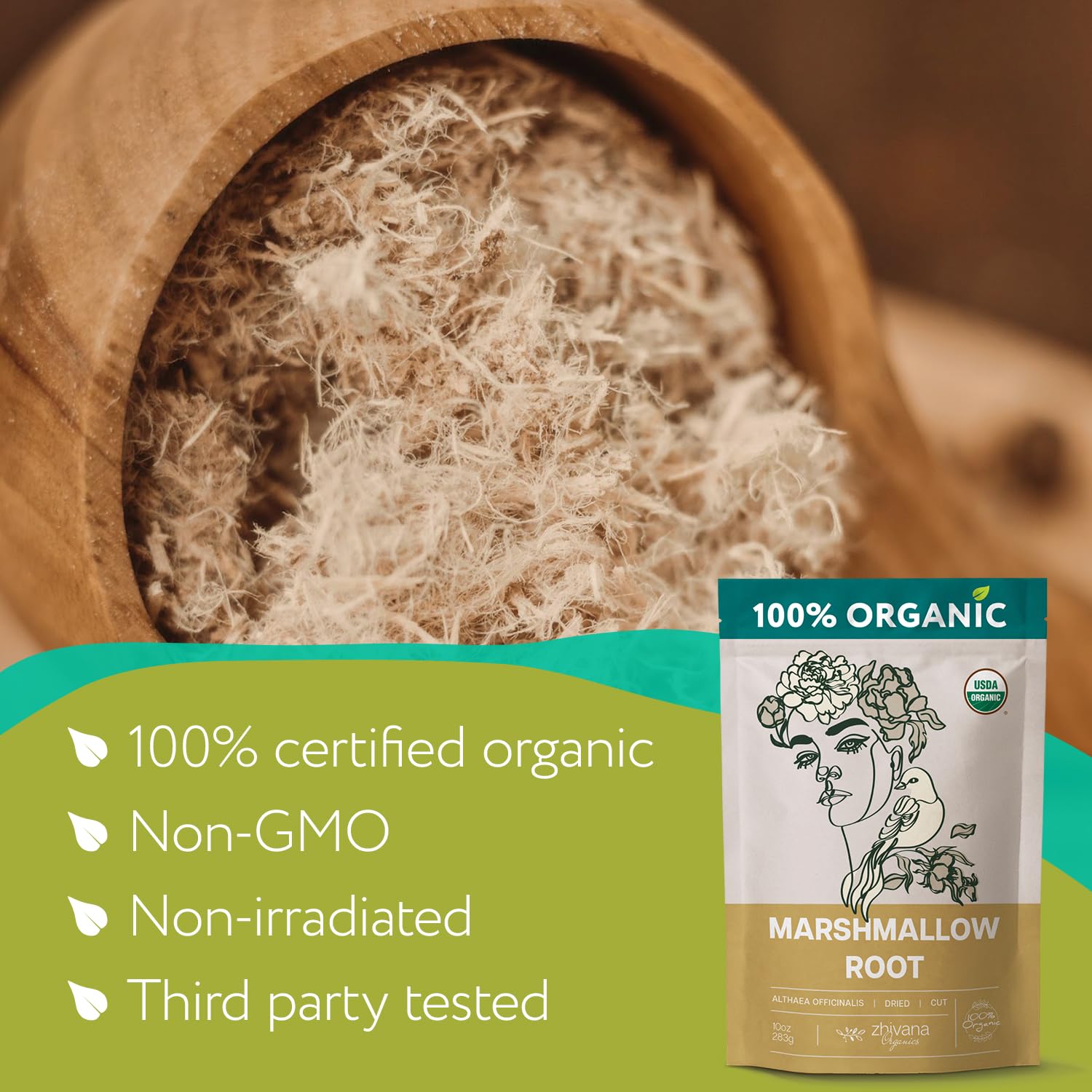 Zhivana Organics marshmallow root tea label communicates USDA Organic status and natural sourcing