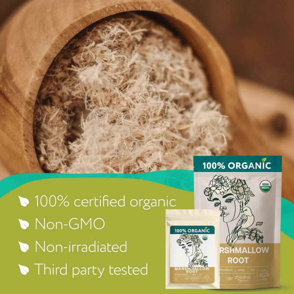 Zhivana Organics marshmallow root tea wild harvest image—potent roots with gentle flavor.