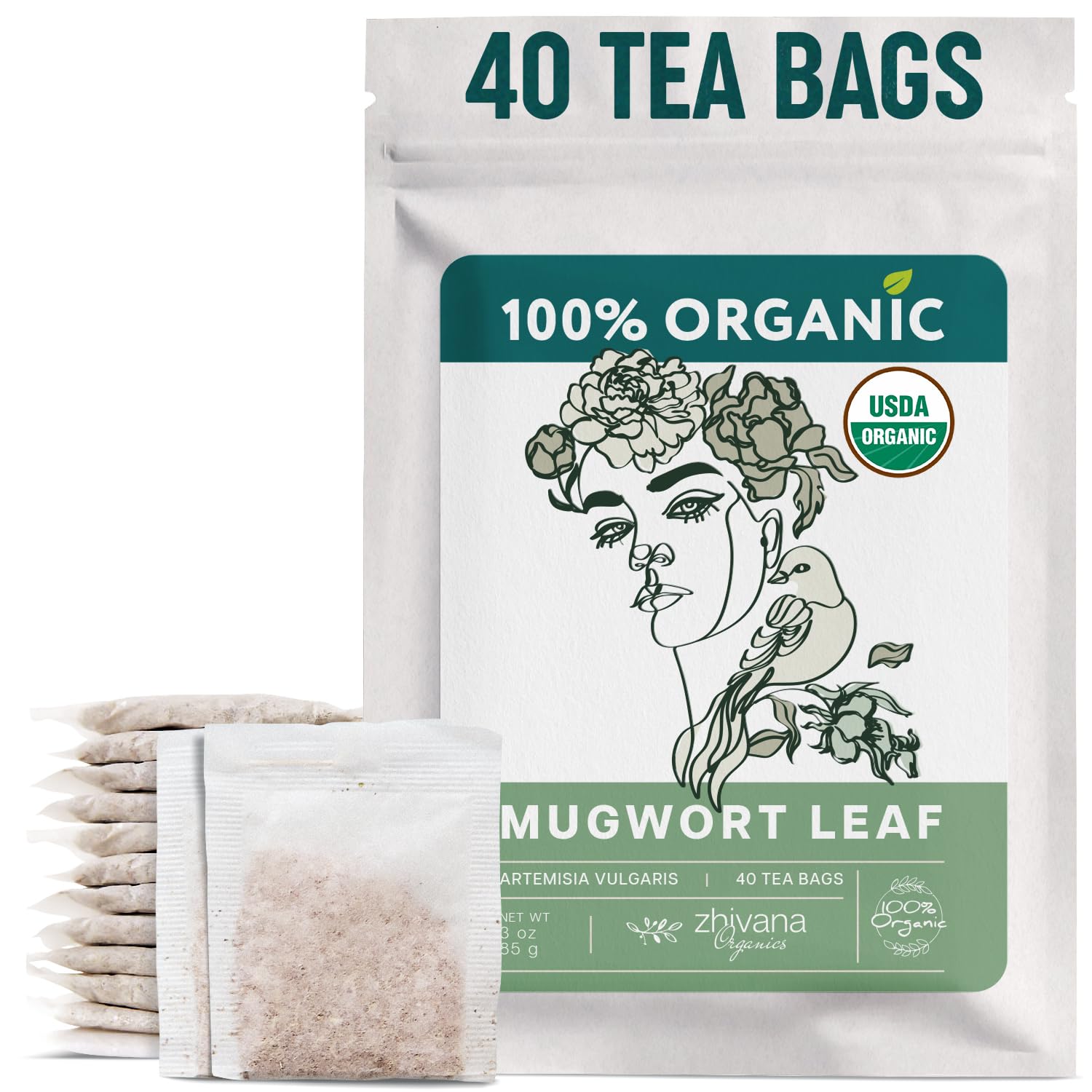 Zhivana Organics mugwort tea bags pack for a calming evening infusion.
