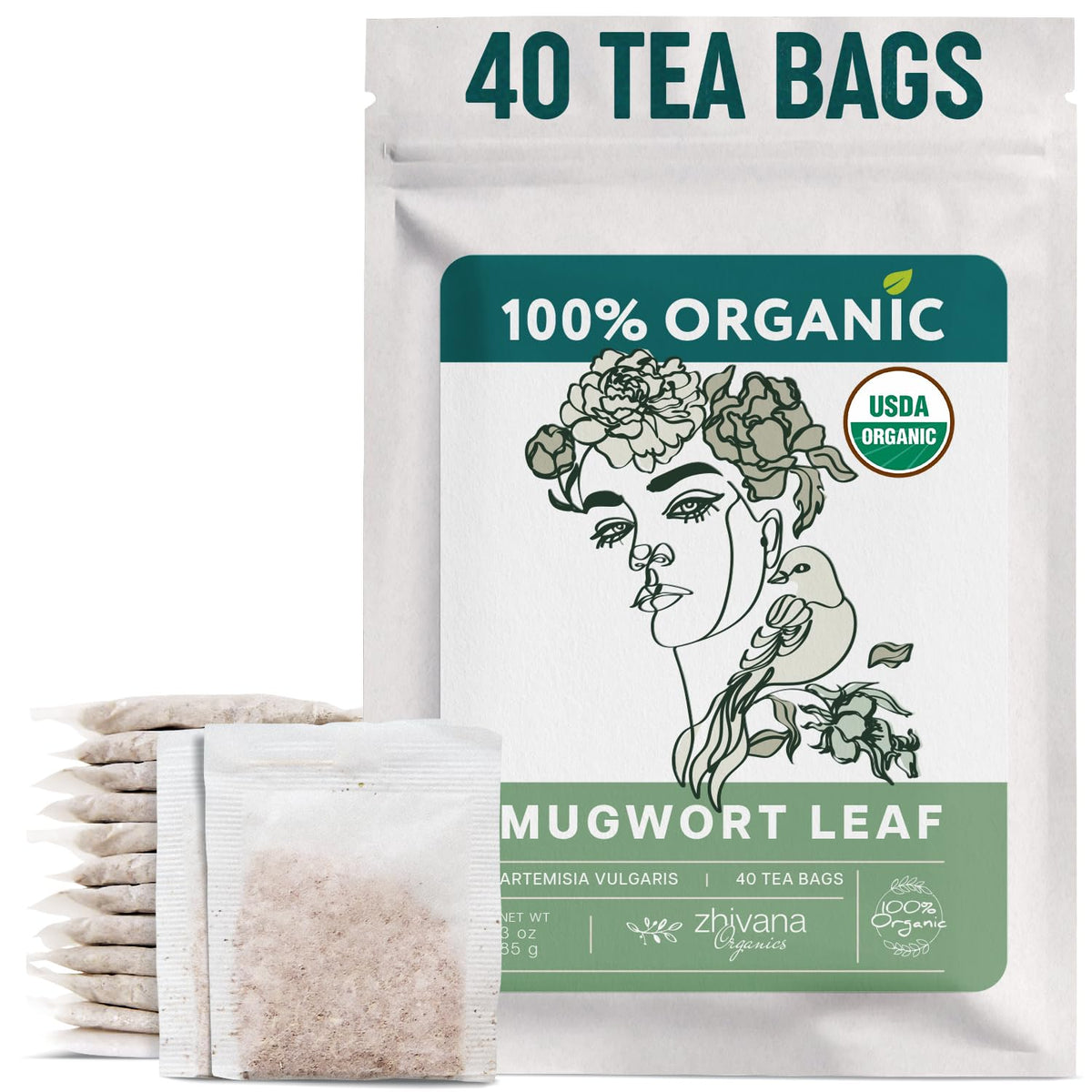Zhivana Organics mugwort tea bags pack for a calming evening infusion.