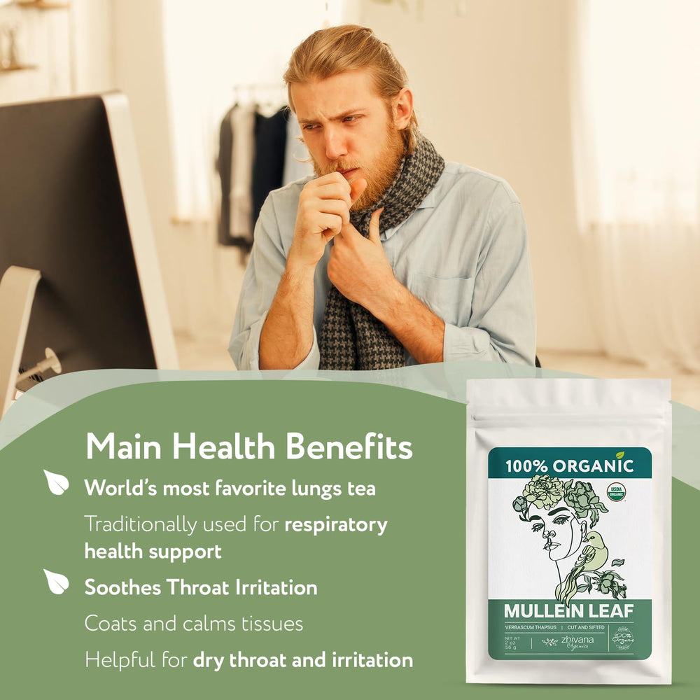 Zhivana Organics mullein tea hand-picked Albanian leaves for a soft, airy brew.