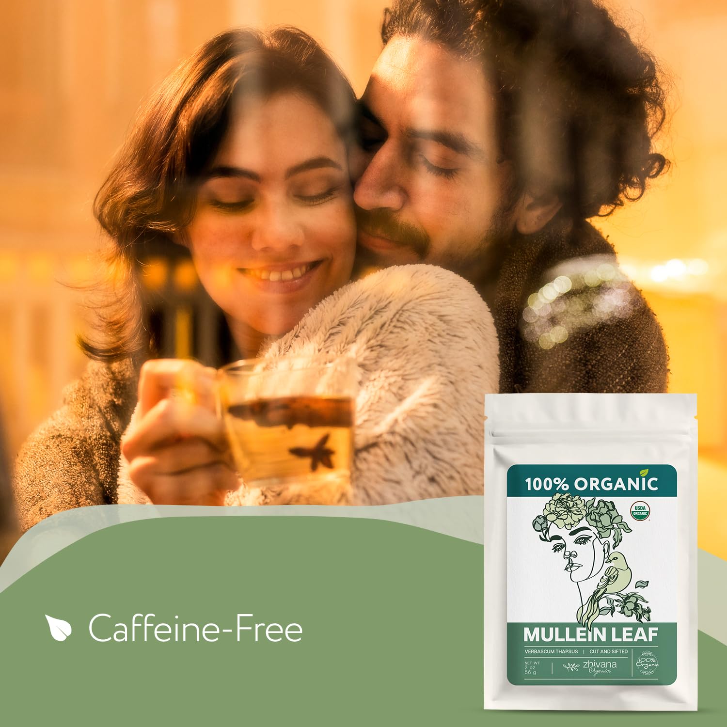 Zhivana Organics mullein tea packaging showing natural origins and freshness.