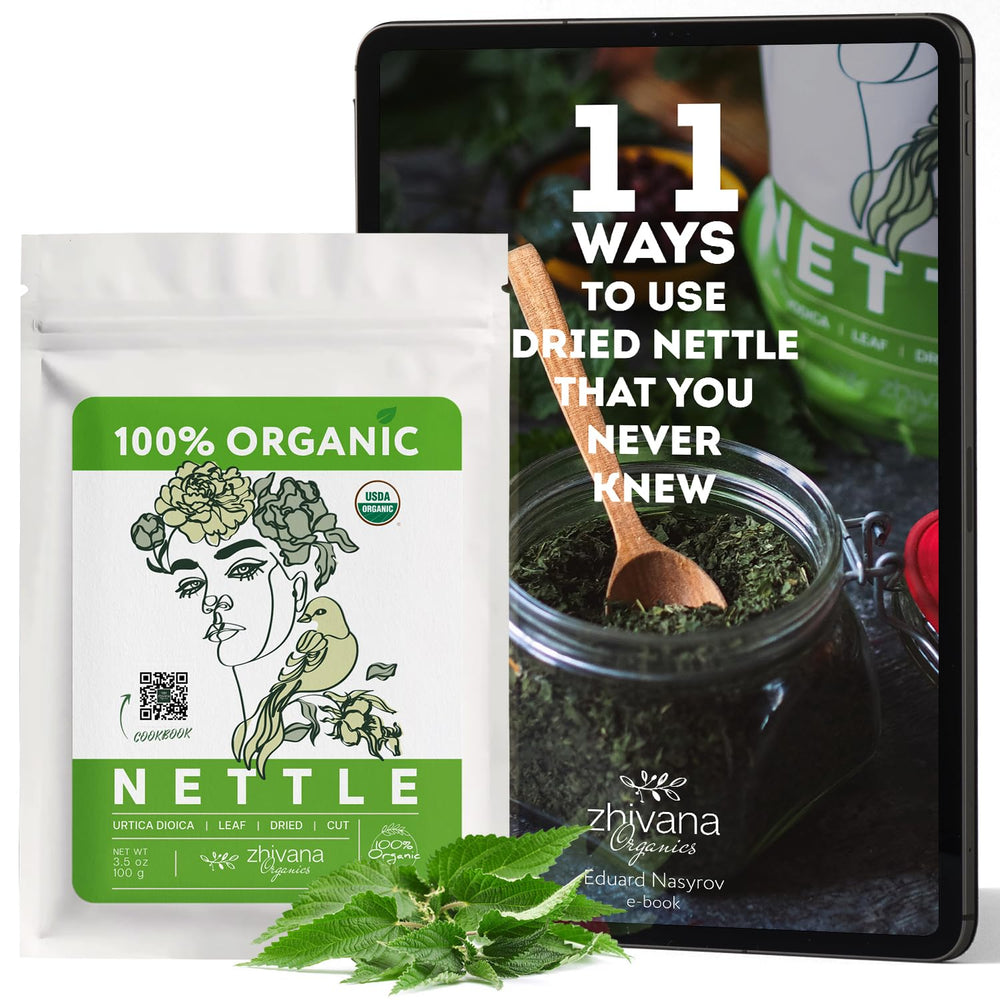 Zhivana Organics nettle dog food sprinkle image suggests simple nutrition boost