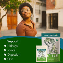 Zhivana Organics nettle infusion image shows a clear glass cup steeped in aroma