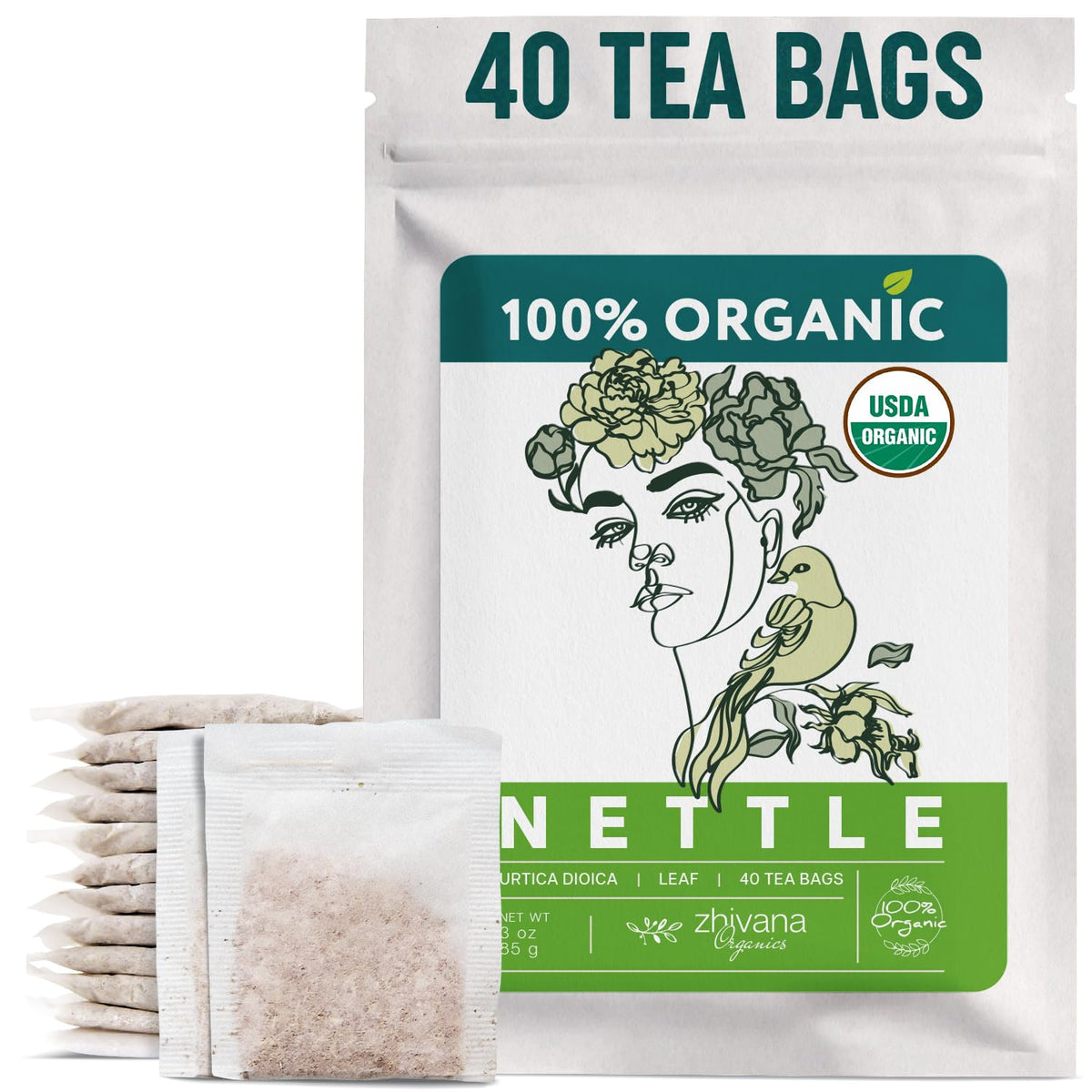 Zhivana Organics nettle tea bag closeup highlighting a premium herbal infusion