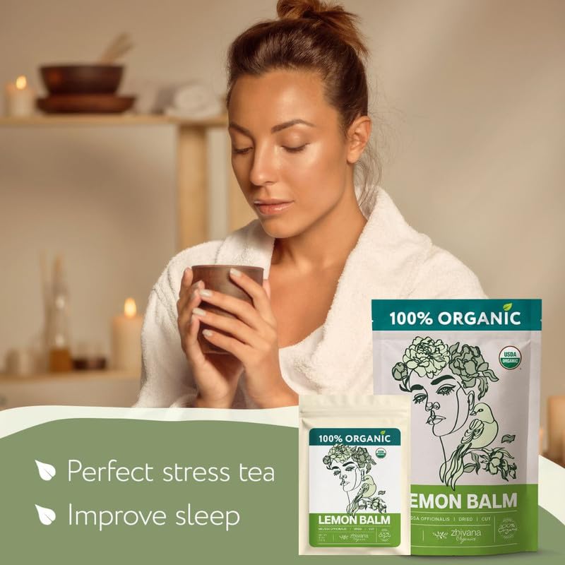 Zhivana Organics organic lemon balm leaves, ideal for calming brews.