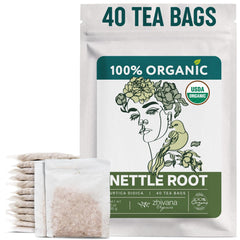 Zhivana Organics nettle root tea bags, organic and caffeine-free for a daily vitality ritual.