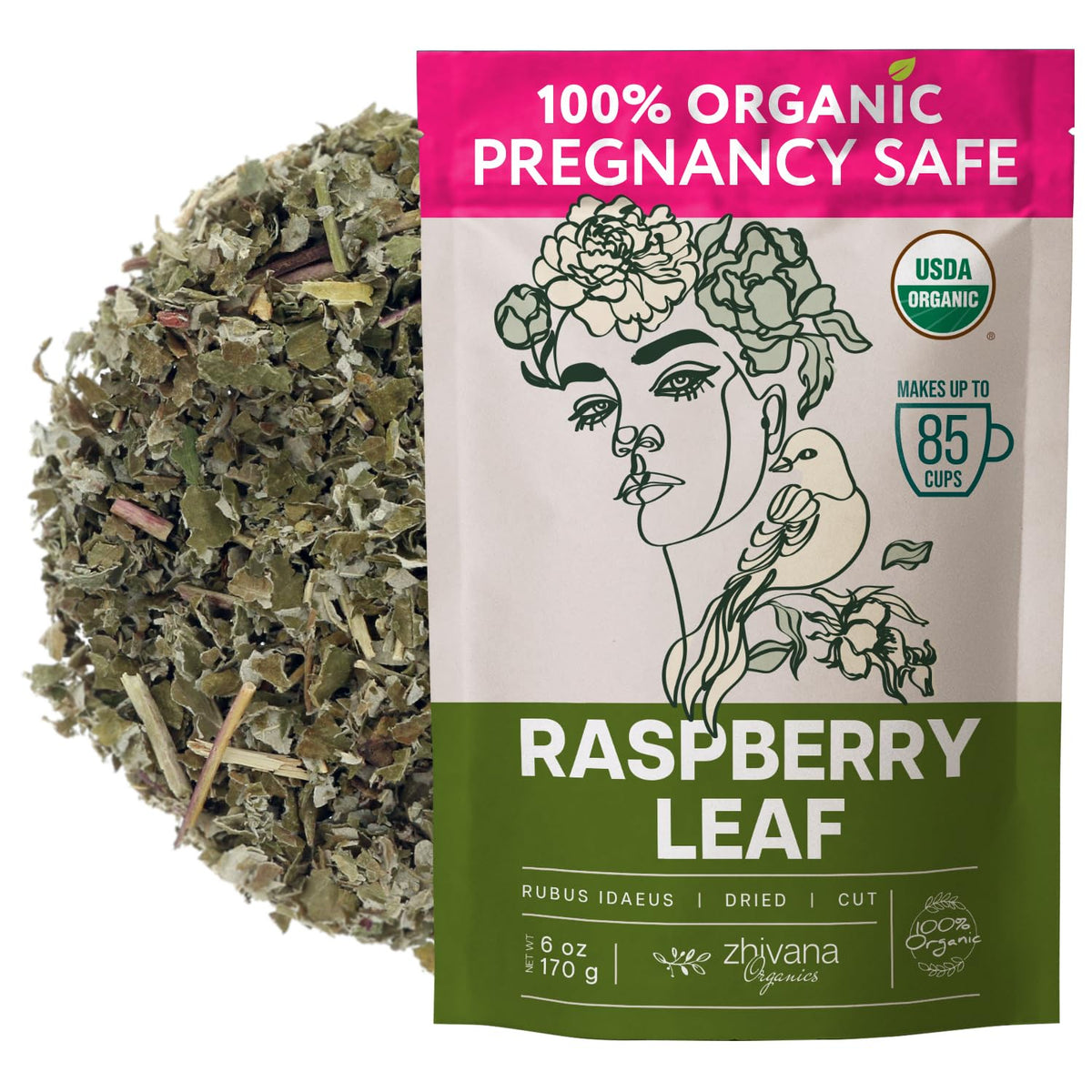 Zhivana Organics raspberry leaf tea packaging front shows premium, natural sourcing