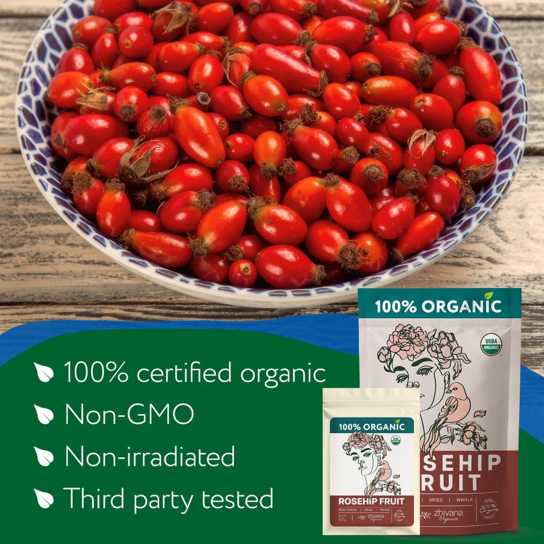 Zhivana Organics Rosehip Tea cup brew highlights caffeine-free hydration and gentle sweetness.