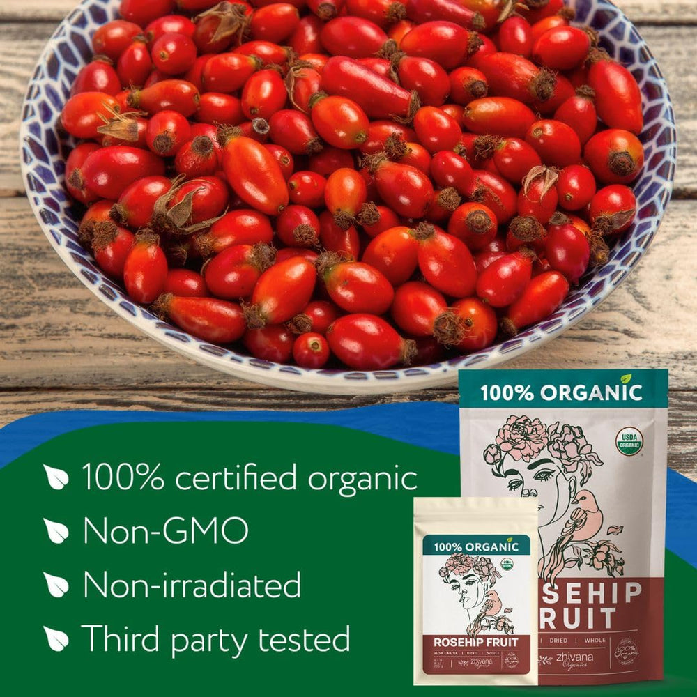 Zhivana Organics Rosehip Tea cup brew highlights caffeine-free hydration and gentle sweetness.