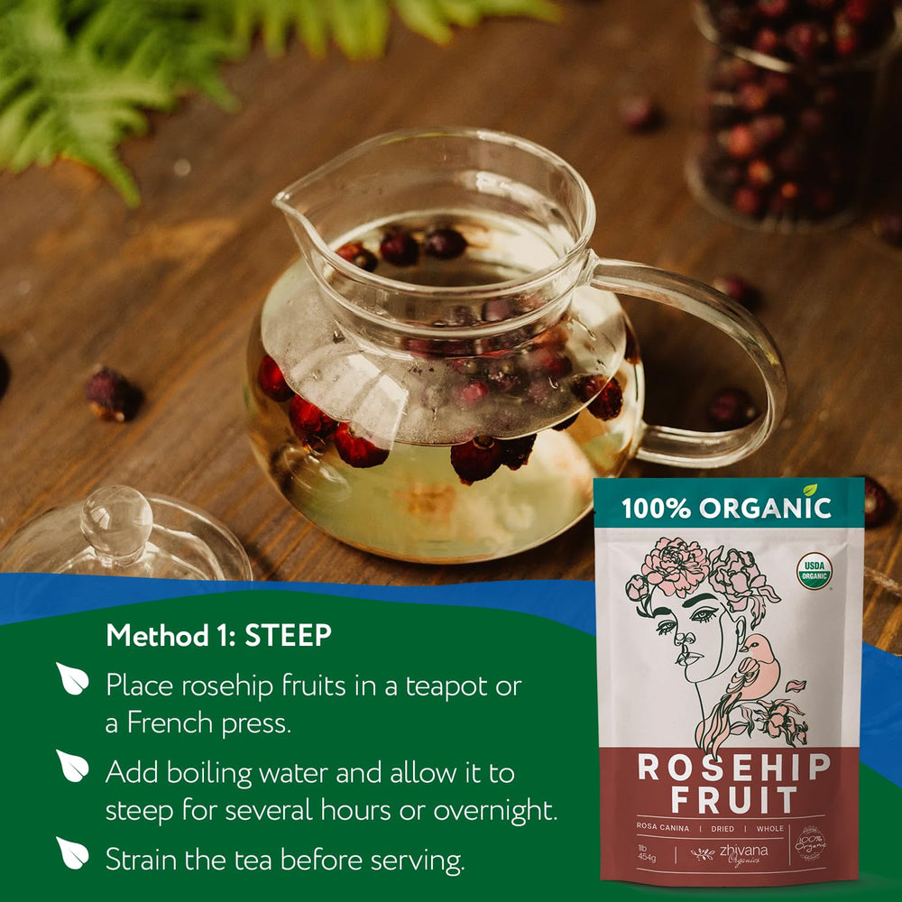 Zhivana Organics Rosehip Tea in cup image hints at citrus-like aroma.