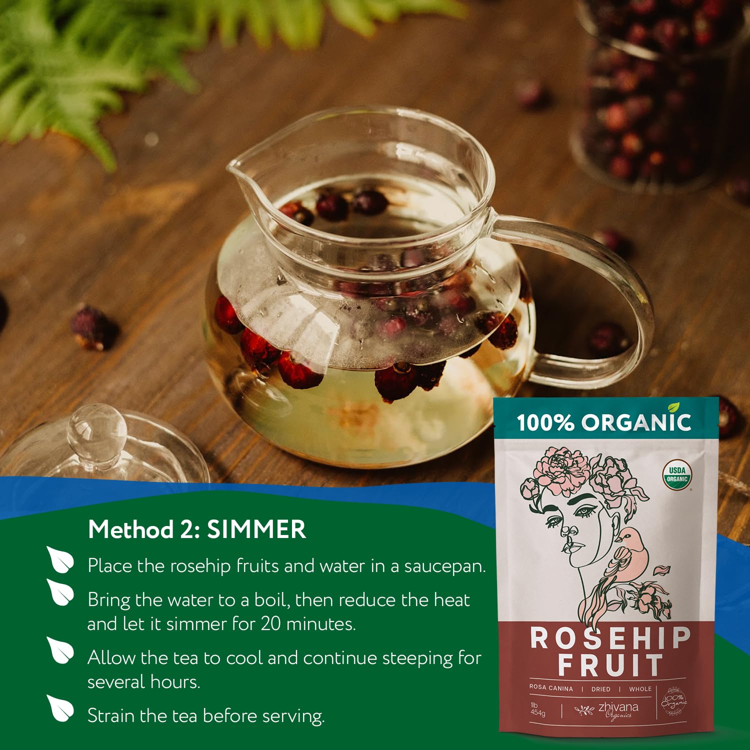 Zhivana Organics Rosehip Tea steam shows natural sweetness without caffeine.
