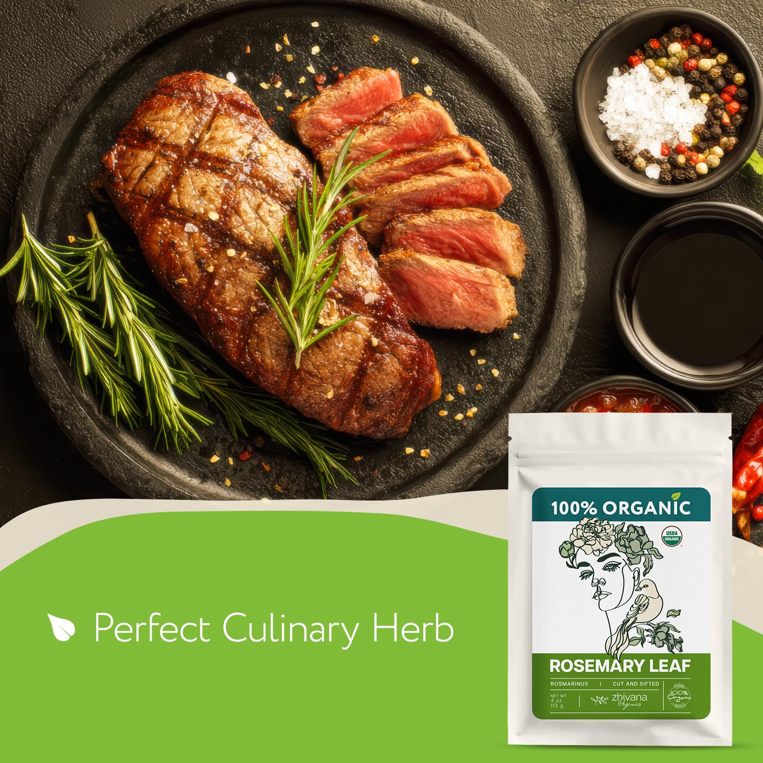 Zhivana Organics rosemary leaf aroma for revitalizing kitchen use.