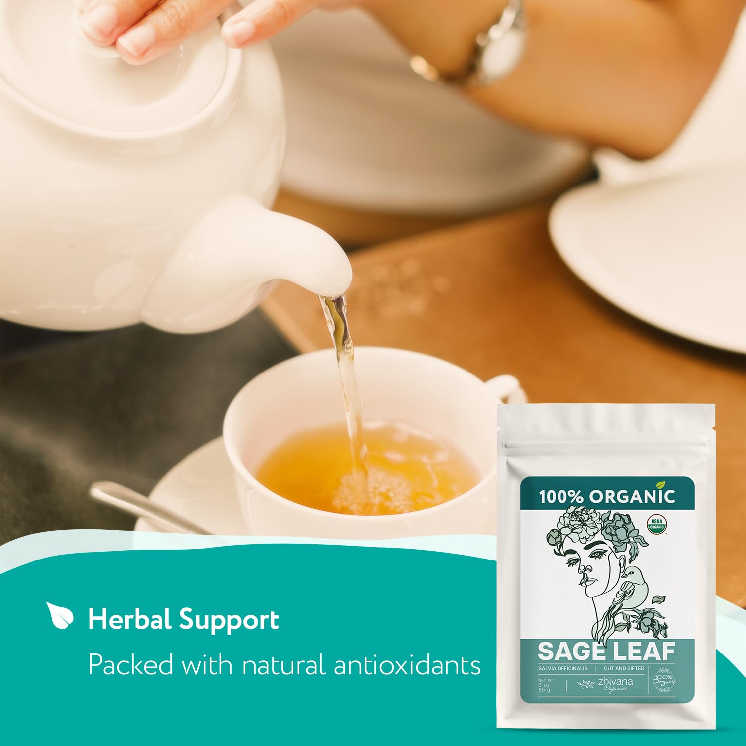 Zhivana Organics Sage Tea in cup demonstrates soothing, caffeine-free ritual.