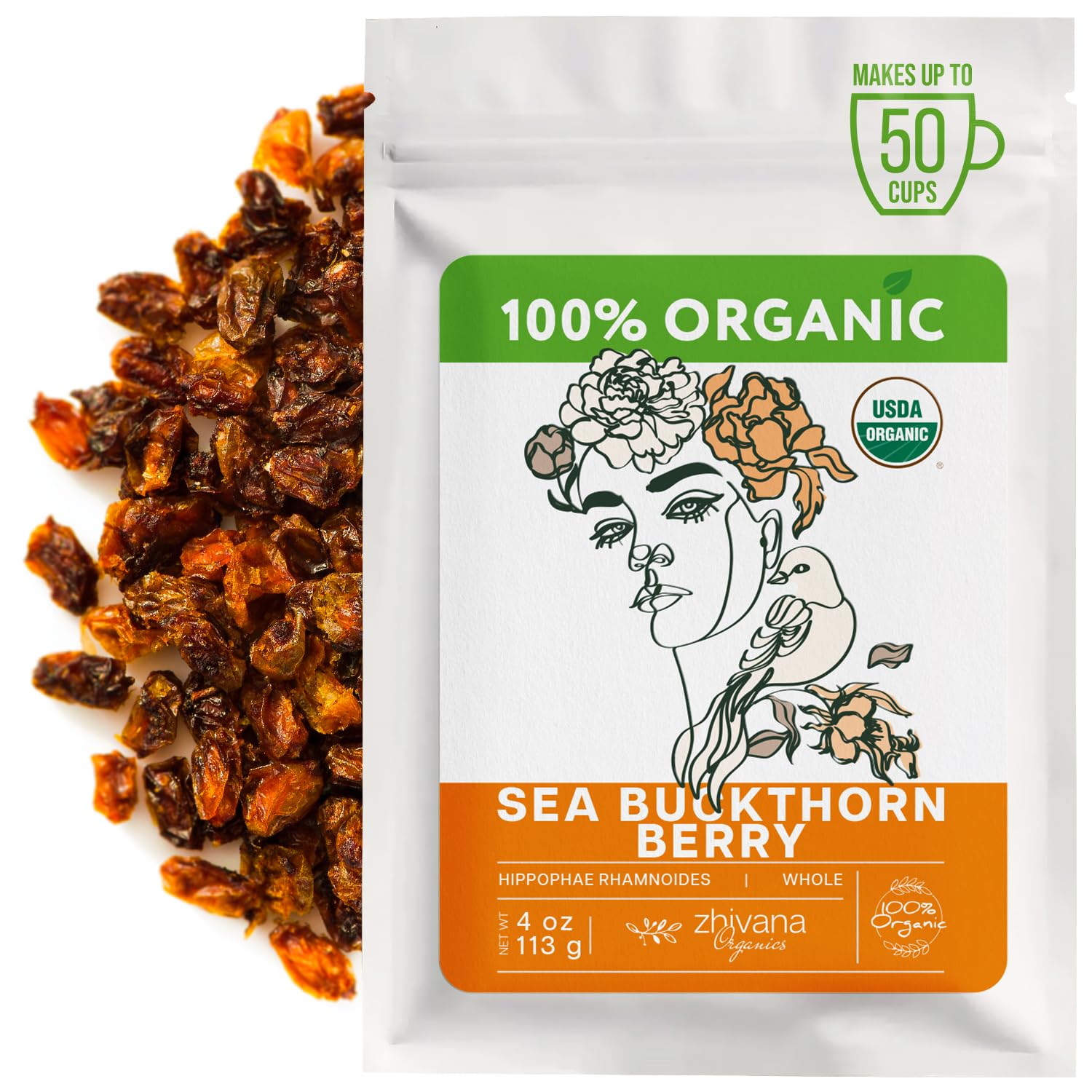 Zhivana Organics sea buckthorn berries packshot, ideal for smoothies and snacking.