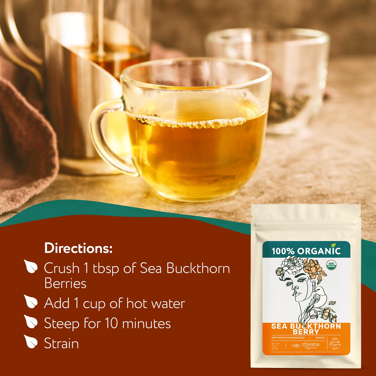 Zhivana Organics sea buckthorn berries textured surface, showing rich flavor appeal.