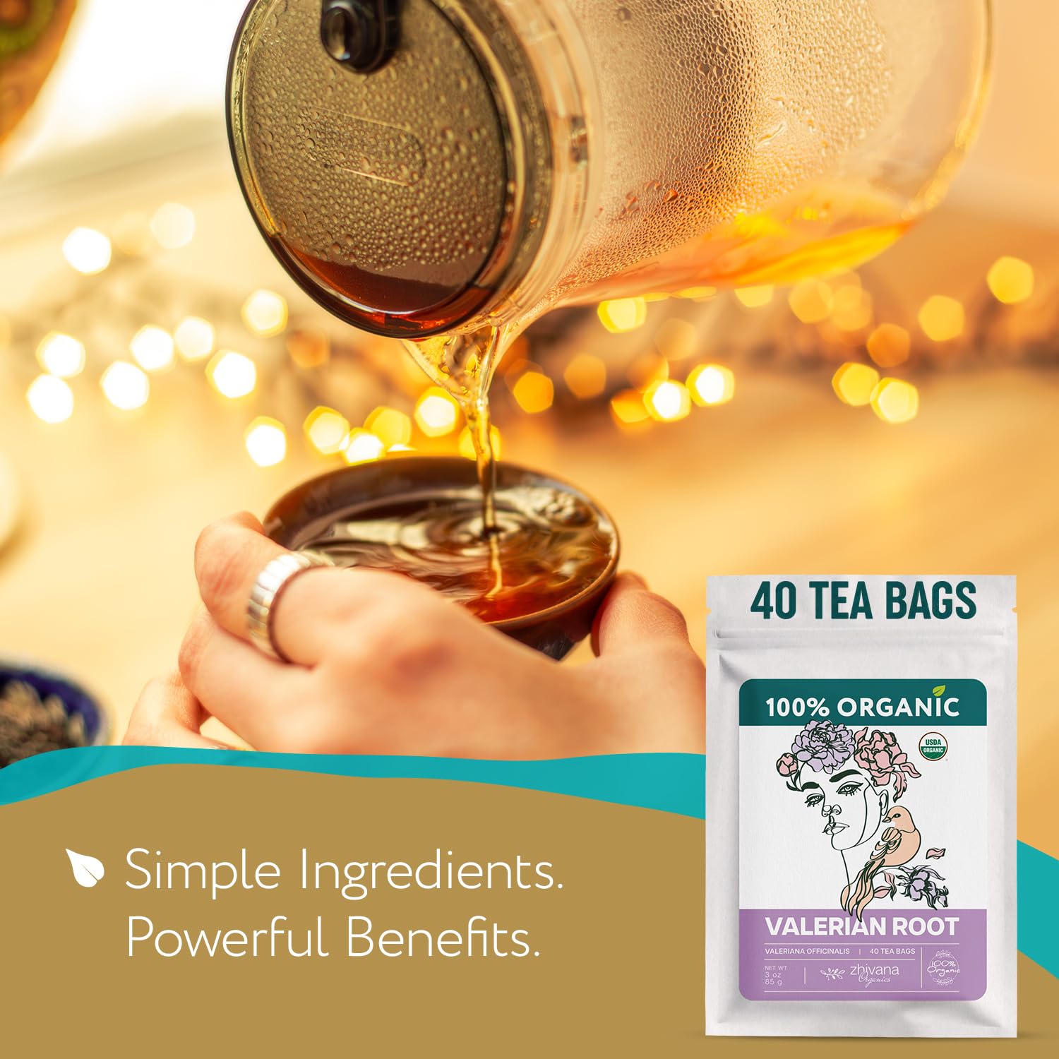 Zhivana Organics valerian tea cup with steam