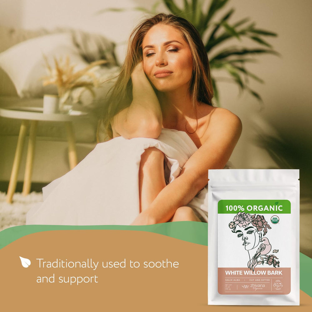 Zhivana Organics Willow Bark heritage tea blend setup suggests traditional warmth.