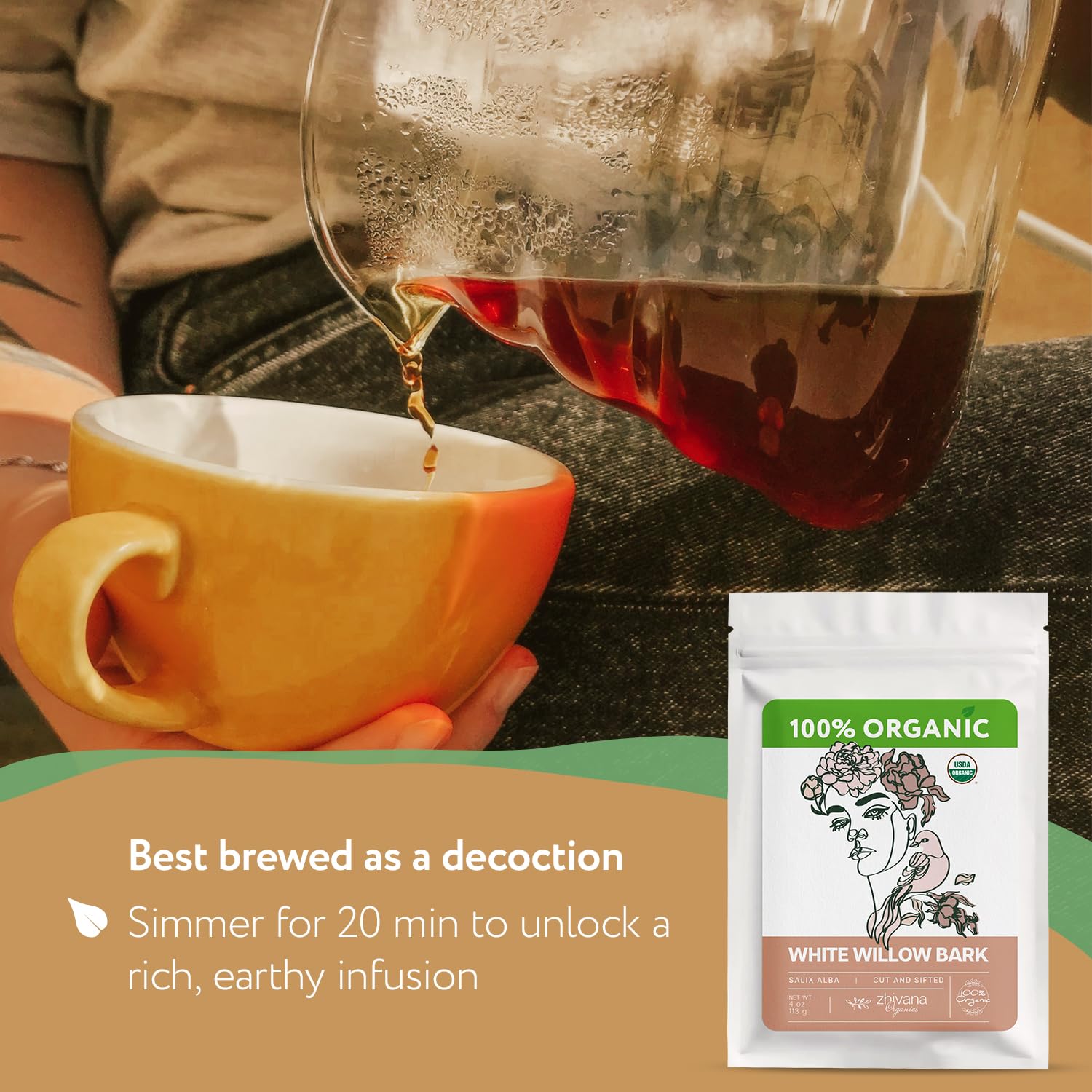 Zhivana Organics Willow Bark hot cup captures soothing evening ritual.