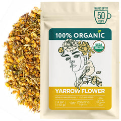 Zhivana Organics Yarrow Flower Tea packaging highlights purity and sustainable sourcing.