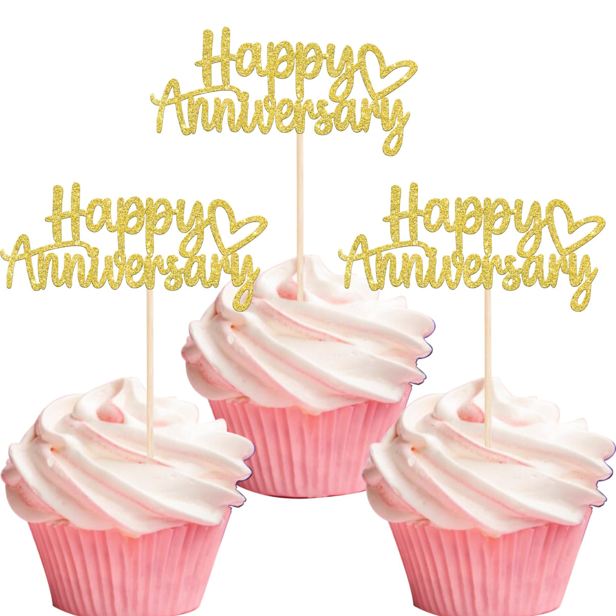 ZHUOWEISM Happy Anniversary cupcake toppers in gold glitter enhance cake decor.