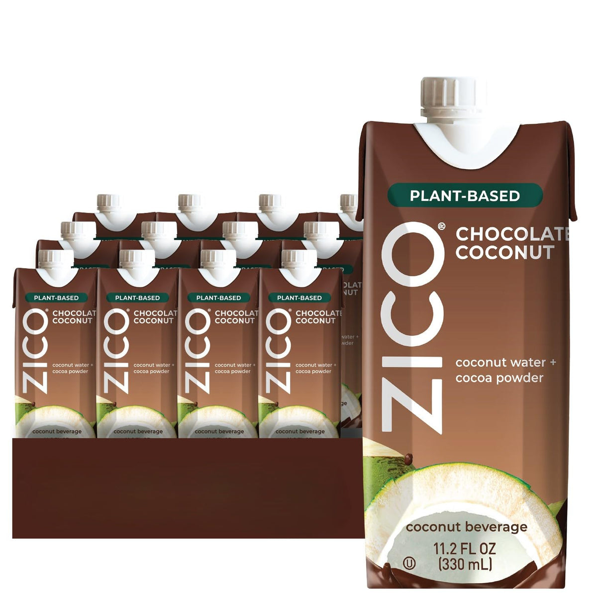 ZICO Chocolate Coconut Water bottle pouring into a glass for a refreshing plant-based treat.