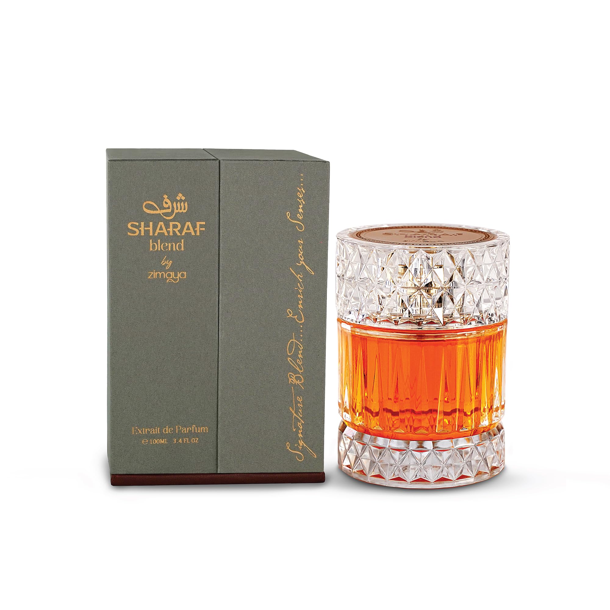 Zimaya Sharaf Blend box with bottle emphasizing premium packaging