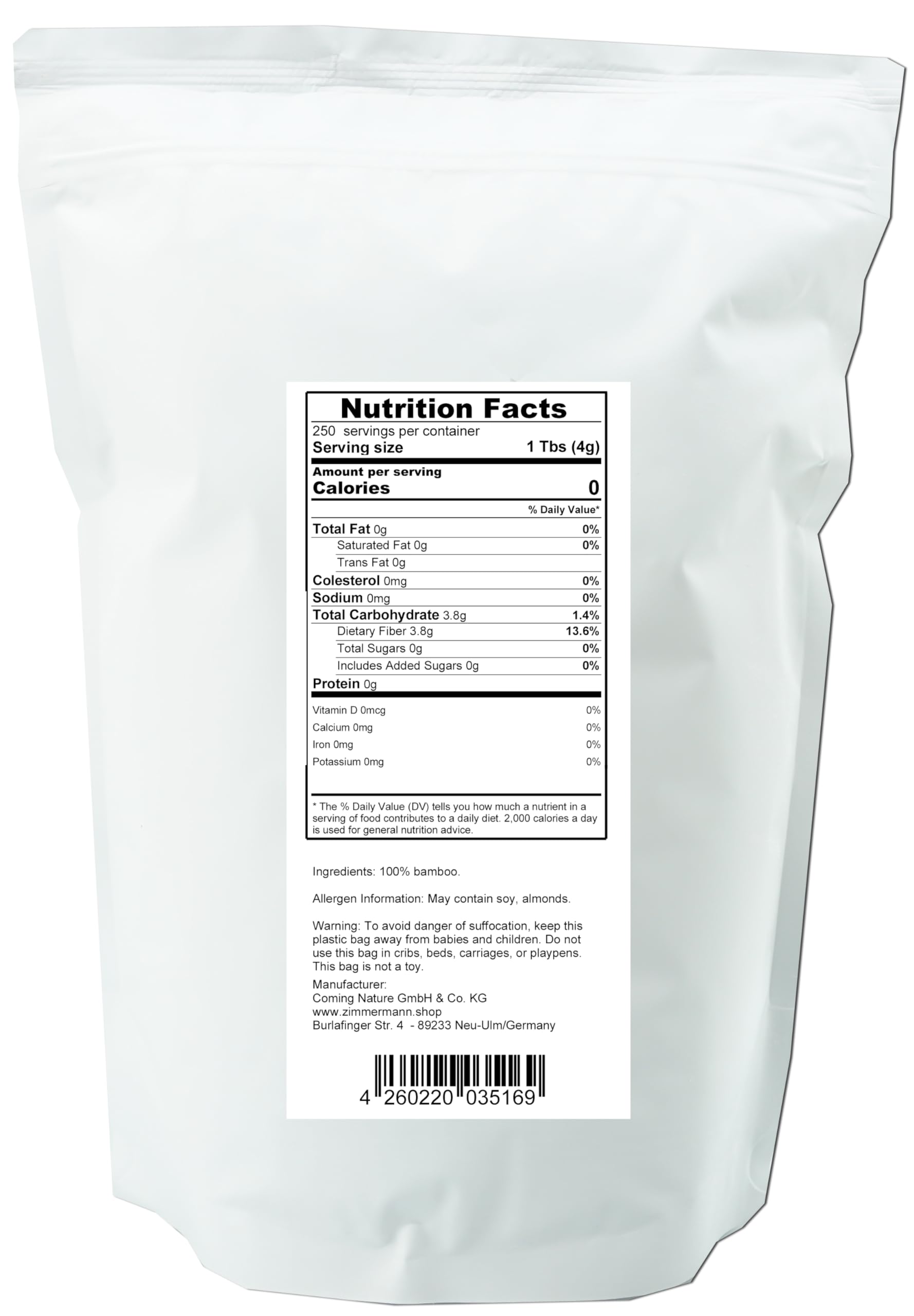 Zimmermann Bamboo Fiber gluten-free flour offers tasteless powder for versatile baking and thickening.