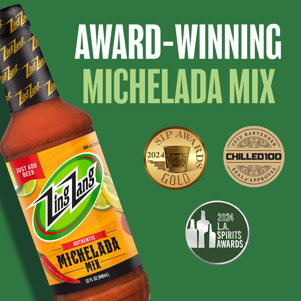 Zing Zang Michelada Mix in a glass, refreshing non-alcoholic option.