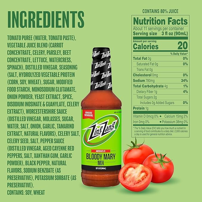 Zing Zang Original bottle closeup reveals rich tomato base and spice.
