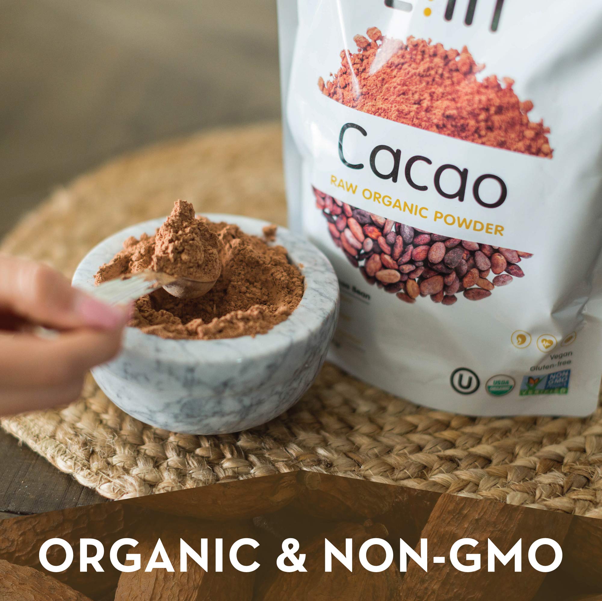 Zint Organic Cacao Powder jar showcases pure chocolate essence for recipes.