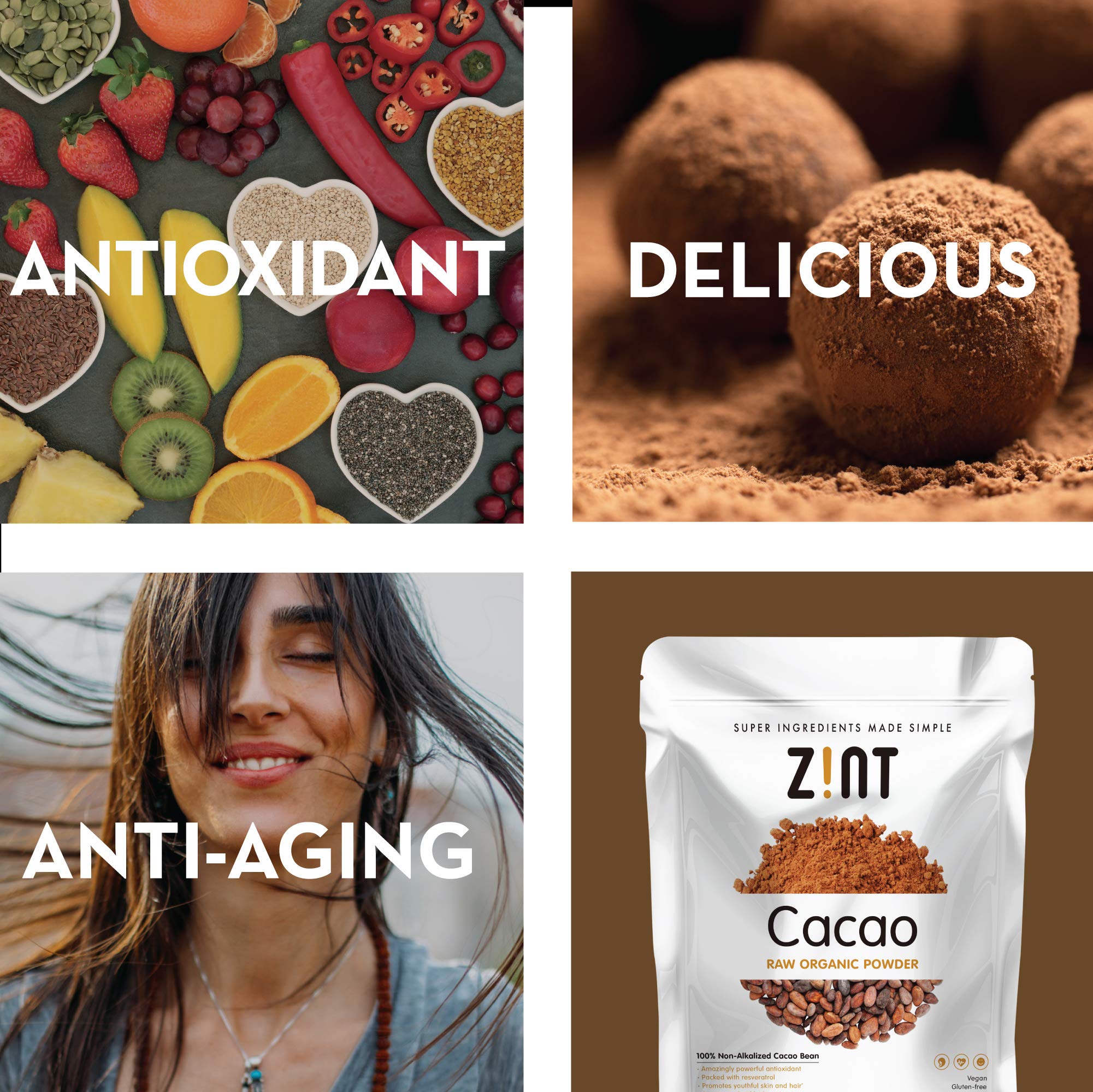 Zint Organic Cacao Powder label highlights paleo and gluten-free credentials.