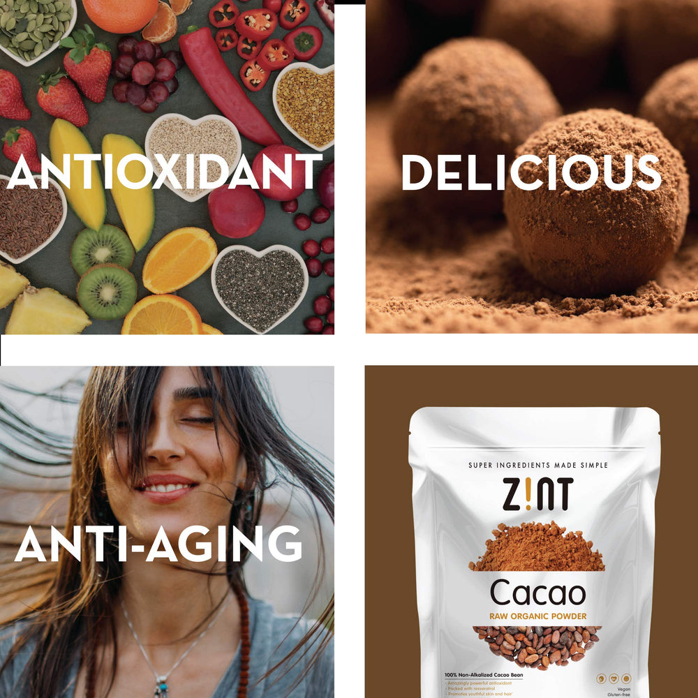 Zint Organic Cacao Powder label highlights paleo and gluten-free credentials.