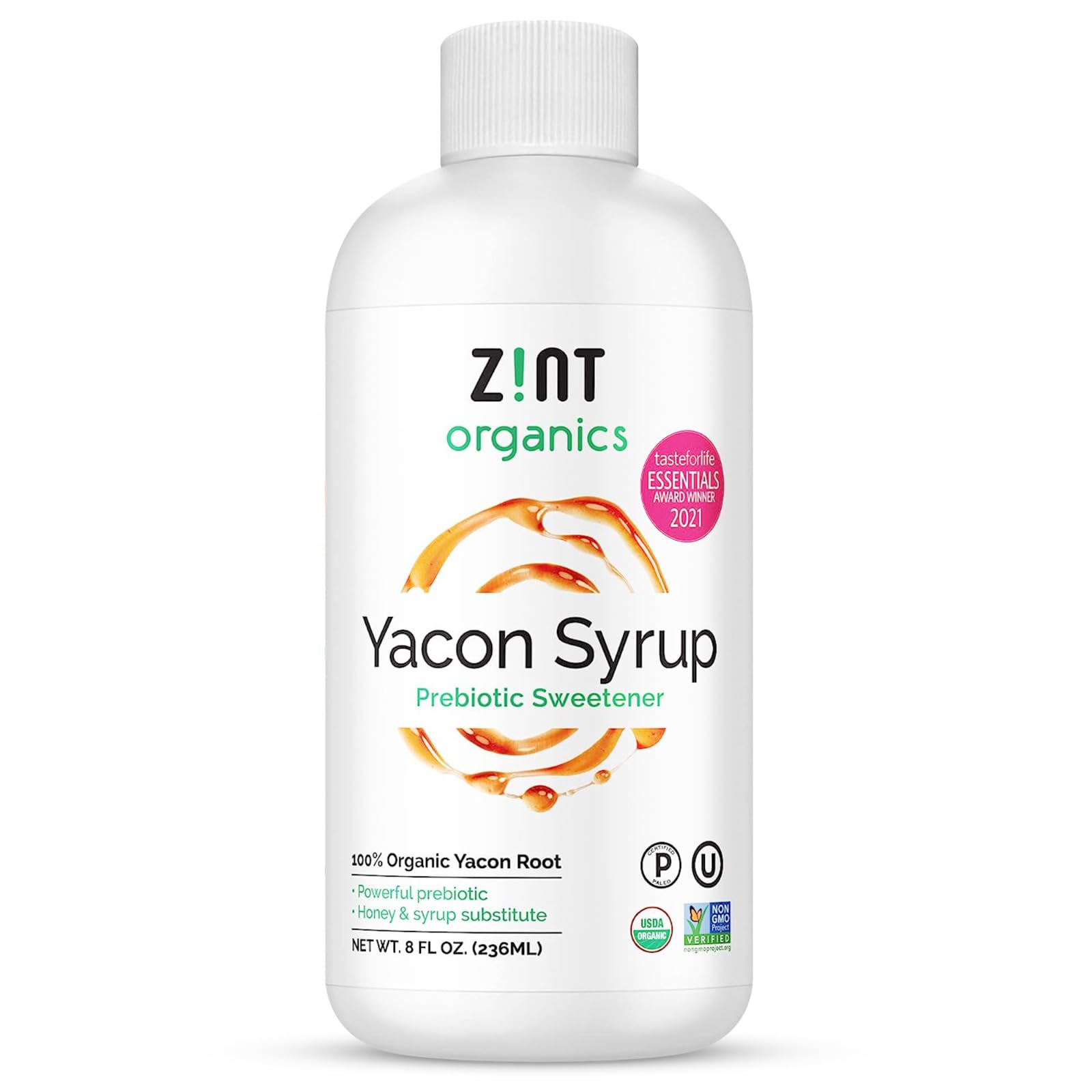 Zint Organic Yacon Syrup bottle on the counter, natural daily sweetener option.