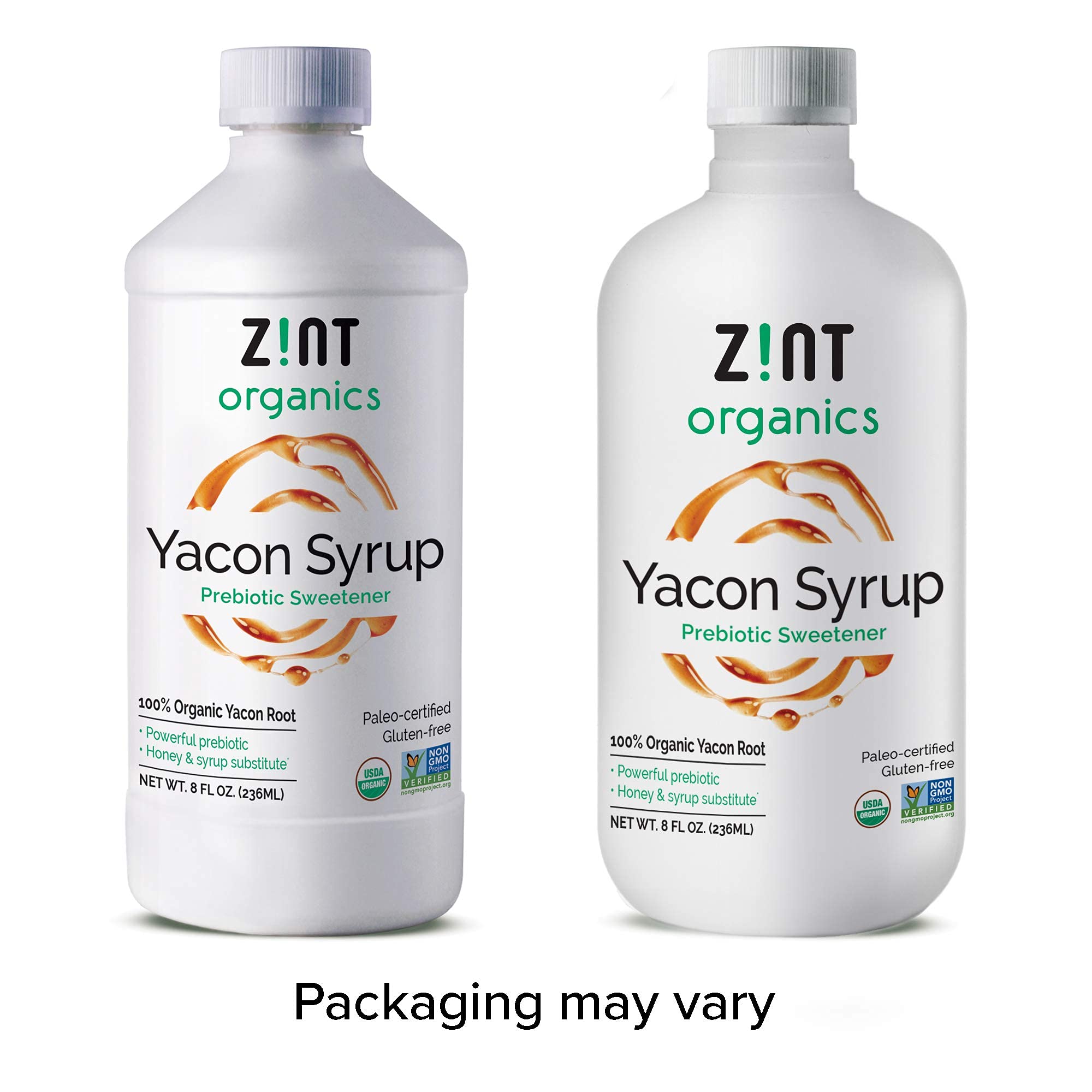 Glass with Zint Yacon Syrup ready to drizzle into beverages.