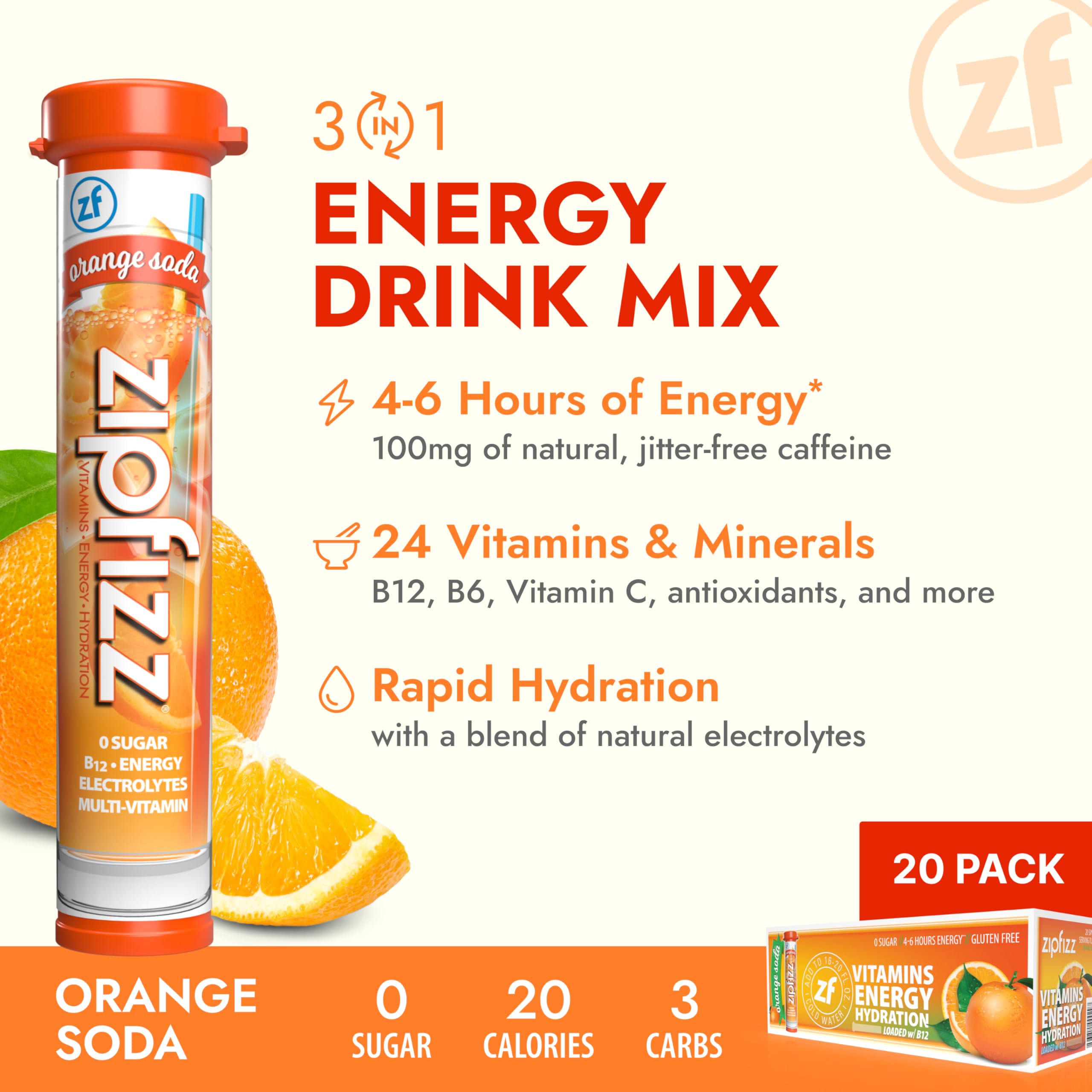 Zipfizz 20 pack box highlighting portable daily energy and hydration.