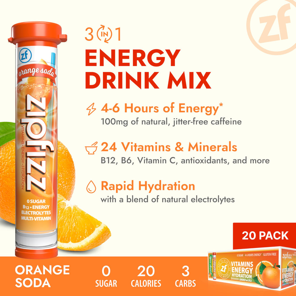 Zipfizz 20 pack box highlighting portable daily energy and hydration.
