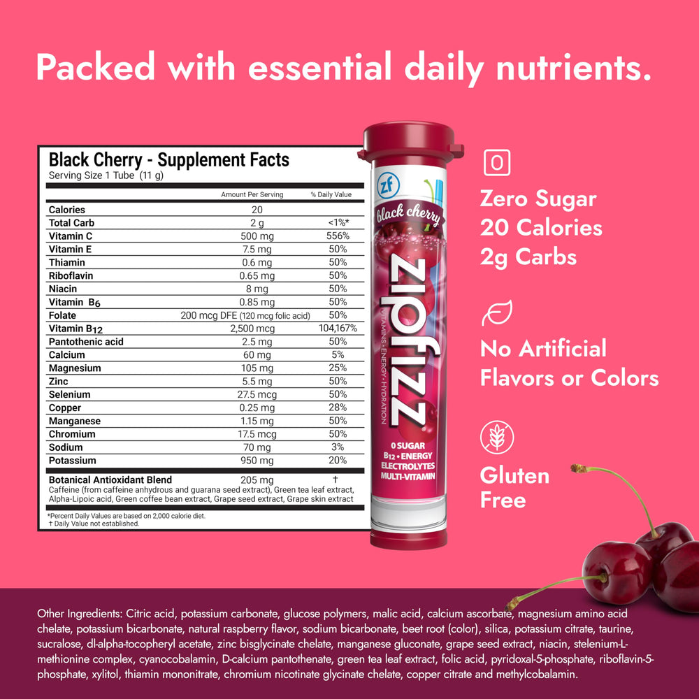 Zipfizz black cherry flavor dissolving in water for a refreshing energy boost