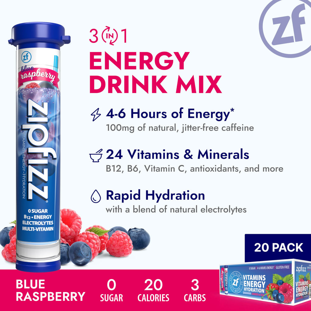 Zipfizz blue raspberry dissolve water showing hydration and electrolytes