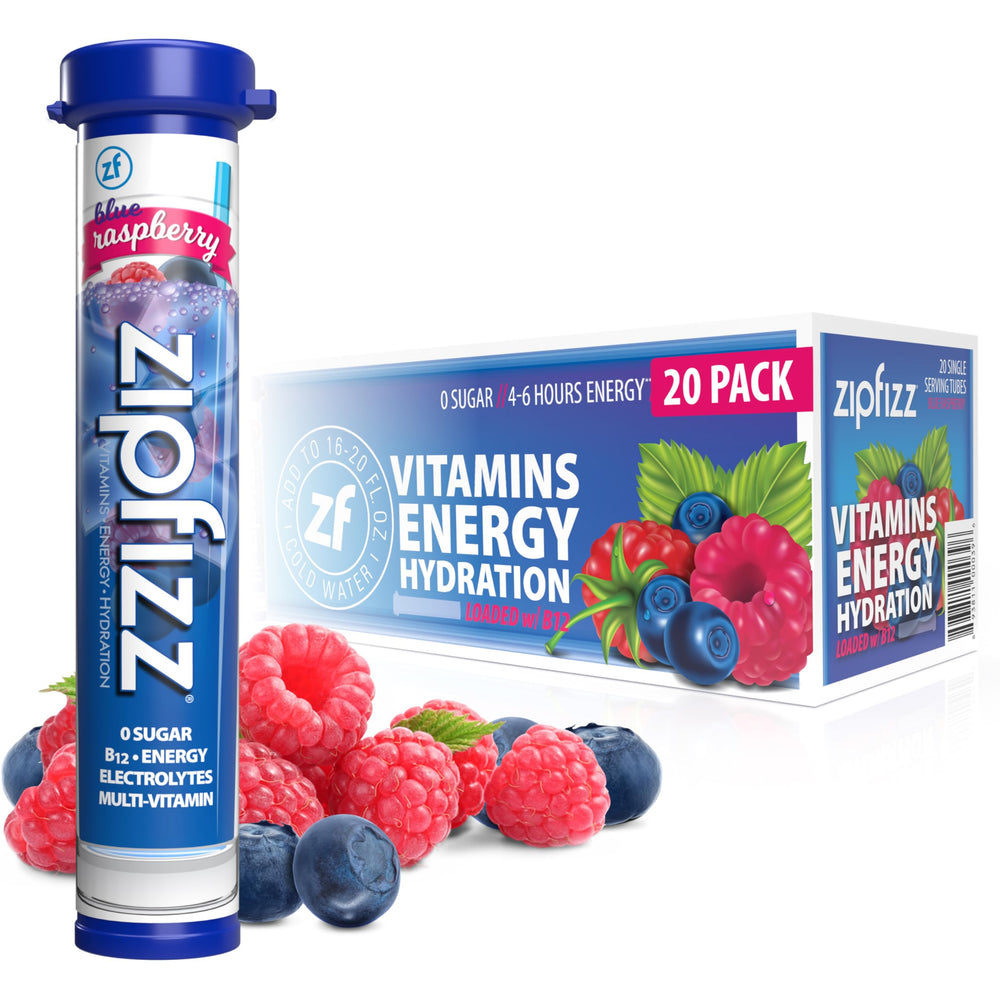 Zipfizz blue raspberry tube for quick, zero-sugar energy and vitamins