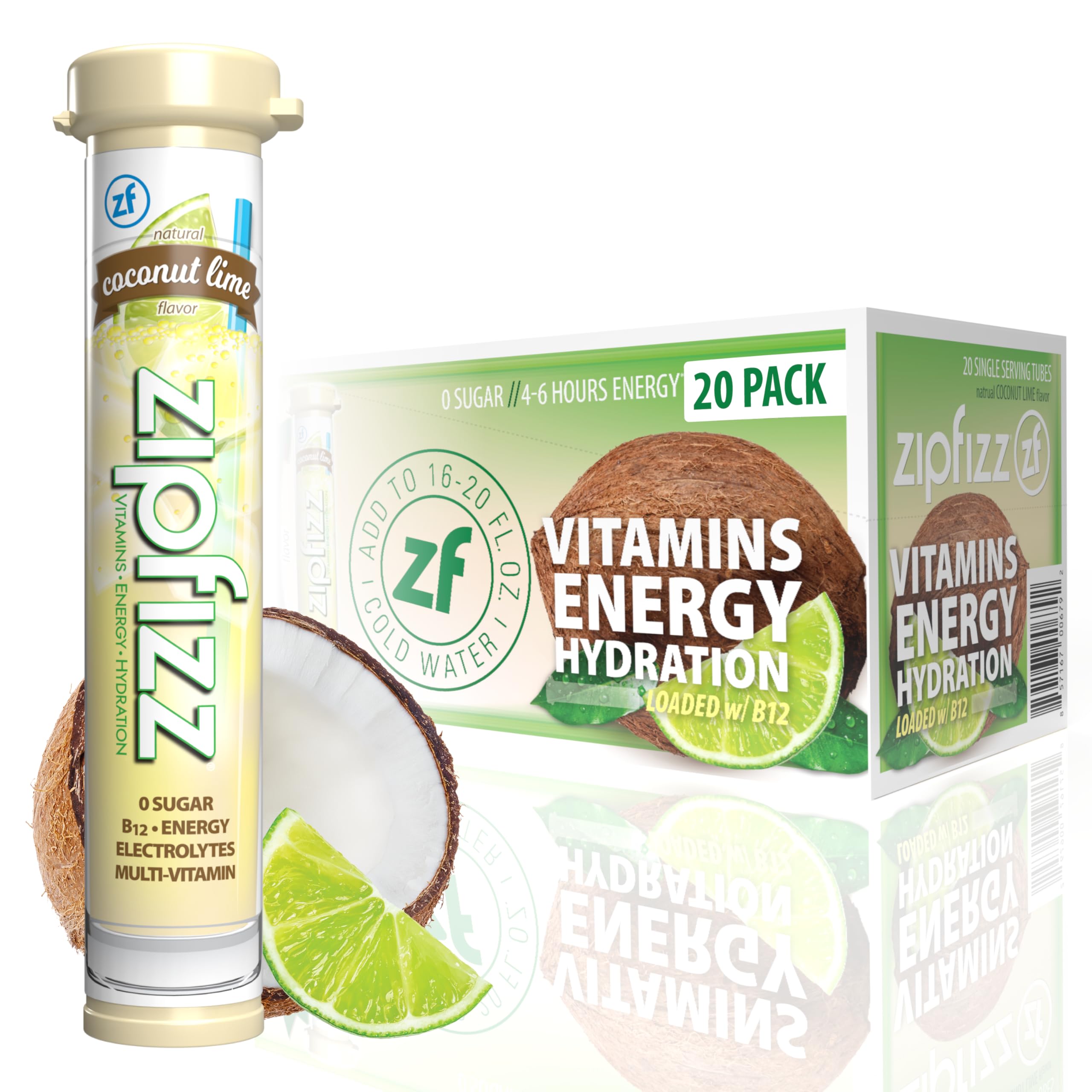 Zipfizz Daily Energy Coconut Lime powder dissolving in water for sustained hydration.